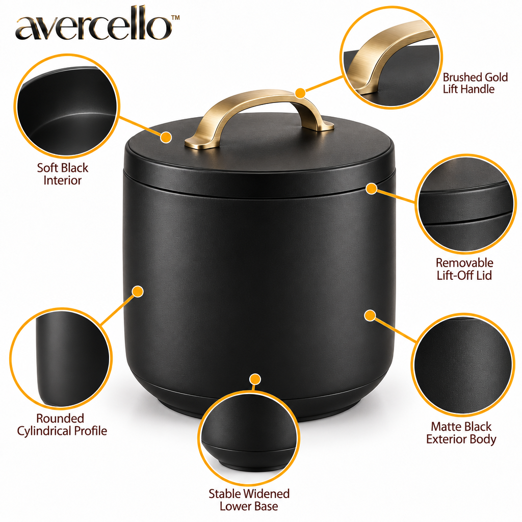 avercello™ Round Countertop Kitchen Compost Scrap Bin with Lift-Off Lid and Brushed Gold Handle