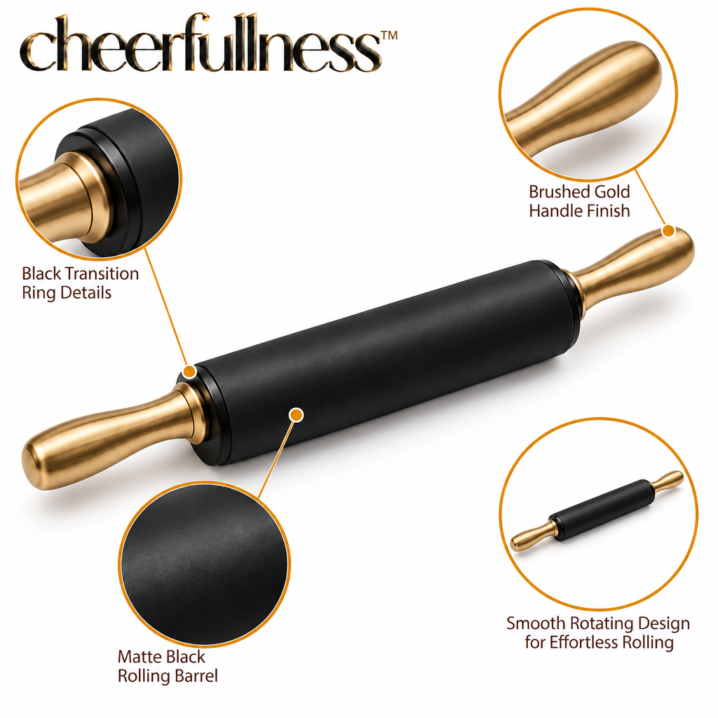 cheerfullness™ Smooth-Rolling Kitchen Rolling Pin with Matte Black Barrel and Brushed Gold End Handles