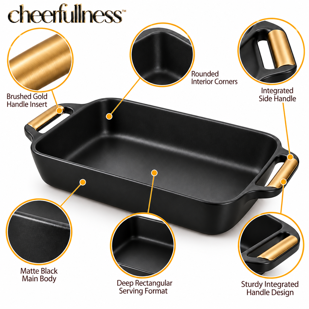 cheerfullness™ Deep Rectangular Serving Dish with Integrated Side Handles and Brushed Gold Handle Inserts