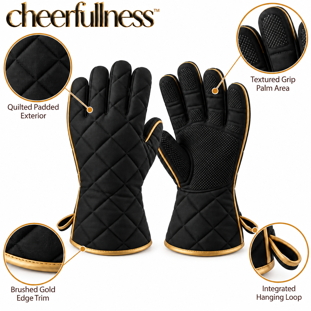 cheerfullness™ Quilted Kitchen Heat-Handling Glove Pair with Matte Black Exterior and Brushed Gold Trim