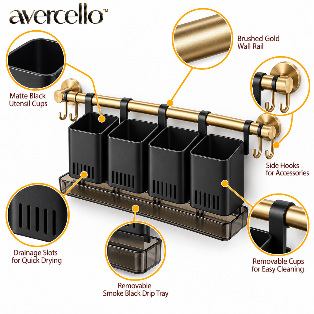 avercello™ Wall-Mounted Cutlery Organizer with Divided Utensil Cups, Drainage Tray and Brushed Gold Rail