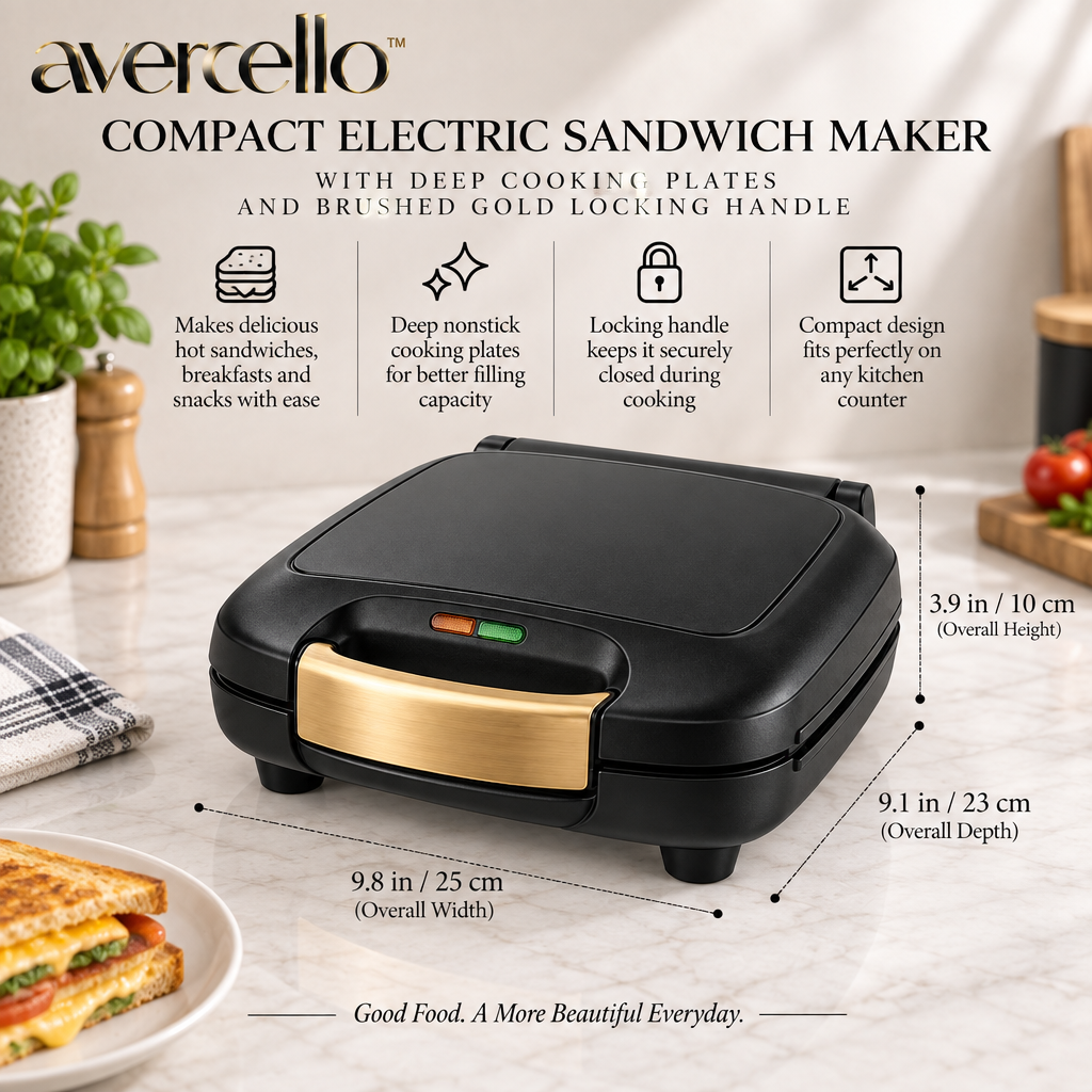 "avercello™ Compact Electric Sandwich Maker with Deep Cooking Plates and Brushed Gold Locking Handle    Product Color：Matte Black Body + Brushed Gold Handle Accent + Dark Nonstick Cooking Plates "