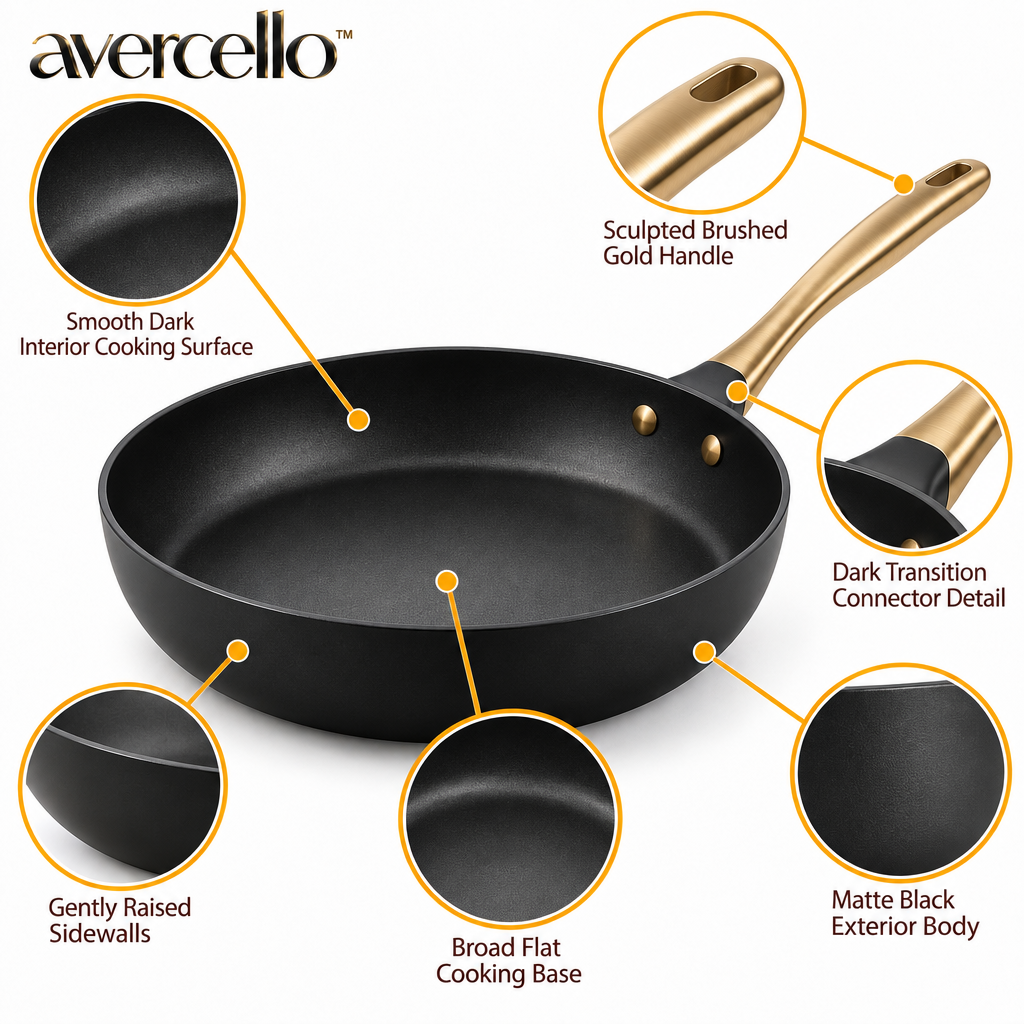 avercello™ Deep Everyday Frying Pan with Matte Black Body and Sculpted Brushed Gold Handle
