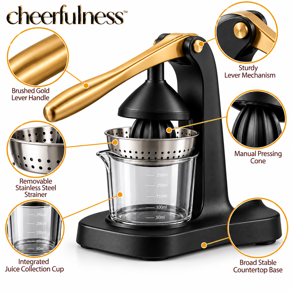 cheerfullness™ Manual Citrus Press with Removable Stainless Steel Strainer and Integrated Juice Collection Cup