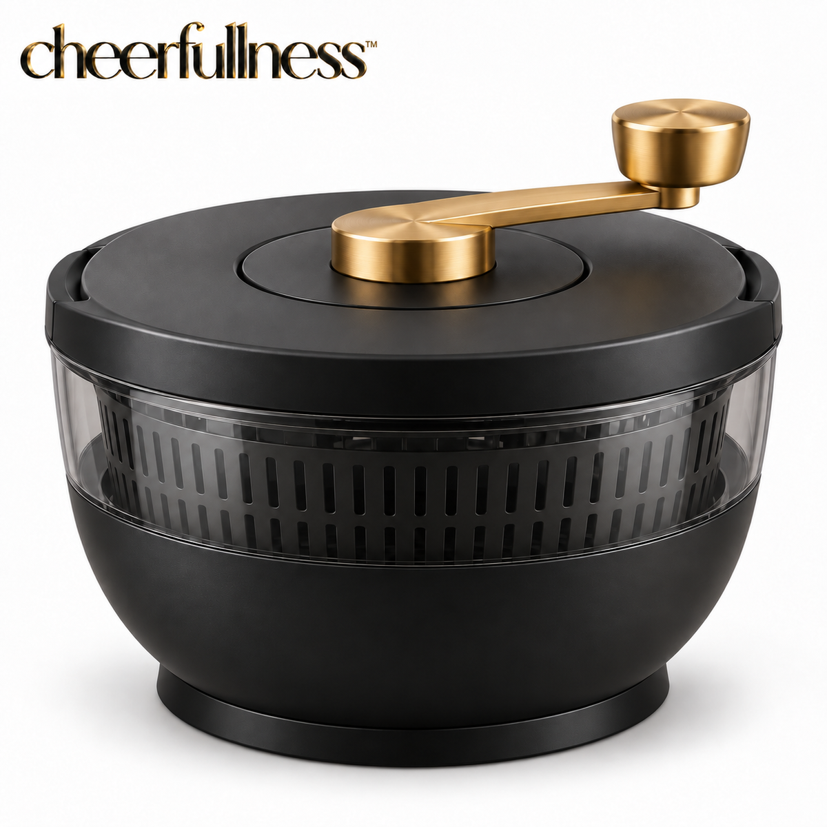 cheerfullness™ Manual Salad Spinner with Matte Black Body, Clear Viewing Band and Brushed Gold Turn Handle