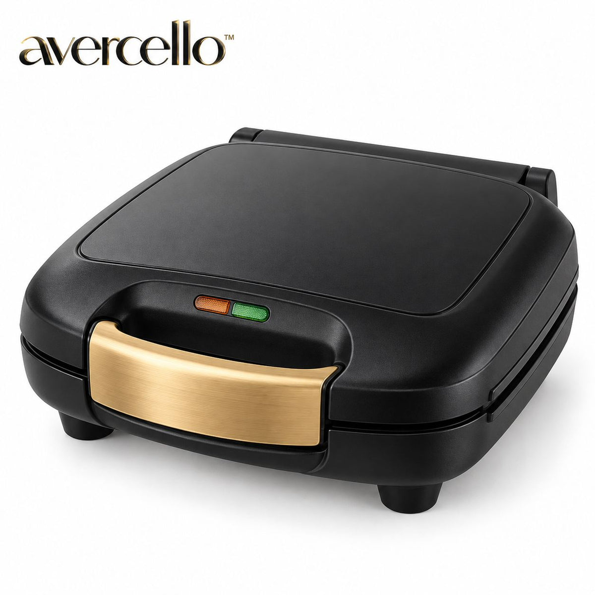 "avercello™ Compact Electric Sandwich Maker with Deep Cooking Plates and Brushed Gold Locking Handle    Product Color：Matte Black Body + Brushed Gold Handle Accent + Dark Nonstick Cooking Plates "