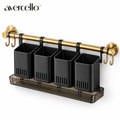 avercello™ Wall-Mounted Cutlery Organizer with Divided Utensil Cups, Drainage Tray and Brushed Gold Rail
