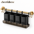 cheerfullness™ Wall-Mounted Cutlery Organizer with Divided Utensil Cups, Drainage Tray and Brushed Gold Rail