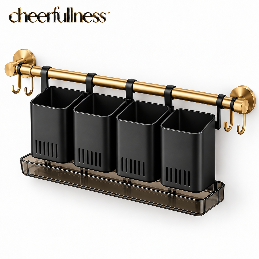 cheerfullness™ Wall-Mounted Cutlery Organizer with Divided Utensil Cups, Drainage Tray and Brushed Gold Rail