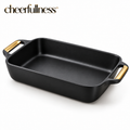 cheerfullness™ Deep Rectangular Serving Dish with Integrated Side Handles and Brushed Gold Handle Inserts