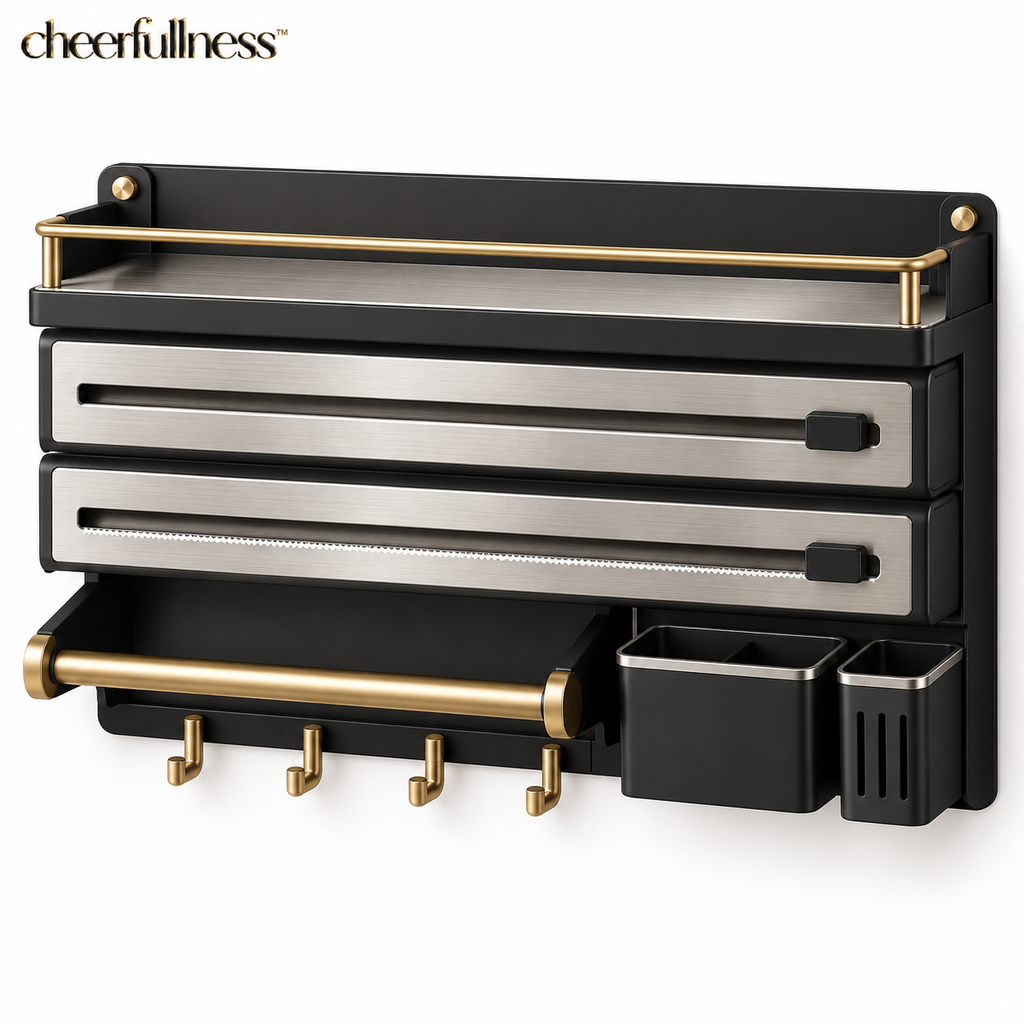 cheerfullness™ Multi-Function Wall-Mounted Kitchen Organizer with Paper Towel Holder, Wrap Storage Compartment and Brushed Gold Rail