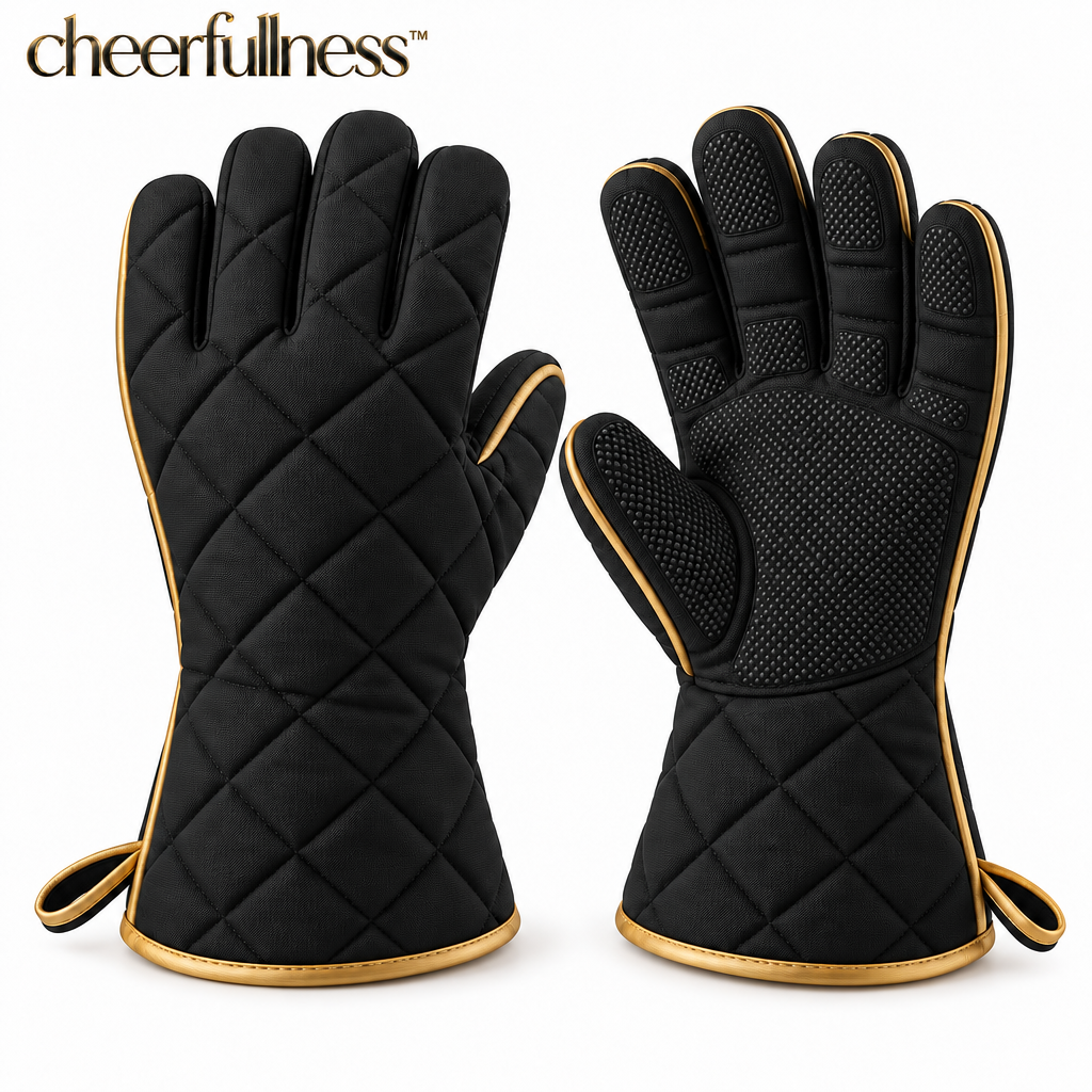 cheerfullness™ Quilted Kitchen Heat-Handling Glove Pair with Matte Black Exterior and Brushed Gold Trim