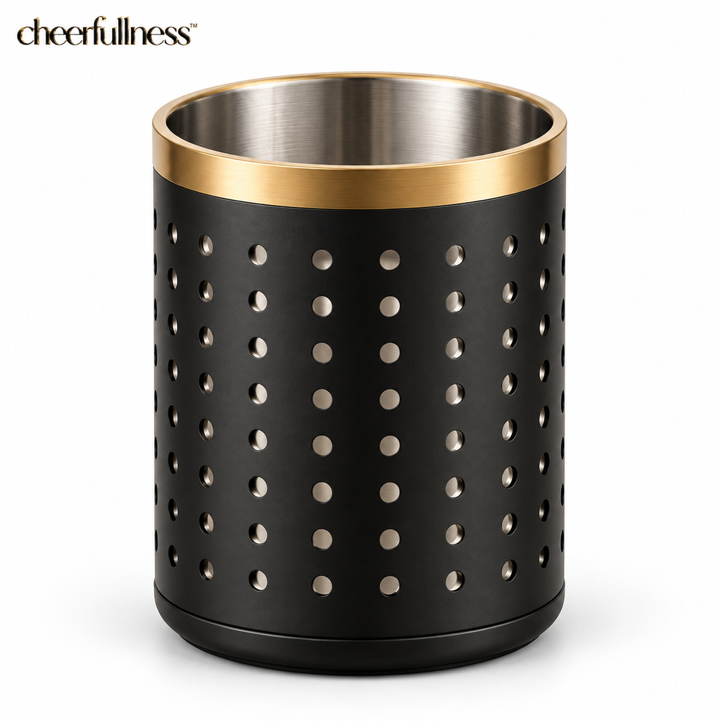 cheerfullness™ Elevated Matte Black Stainless Steel Kitchen Utensil Holder with Perforated Drainage Body and Brushed Gold Rim Detail