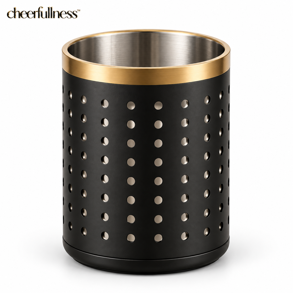 cheerfullness™ Elevated Matte Black Stainless Steel Kitchen Utensil Holder with Perforated Drainage Body and Brushed Gold Rim Detail